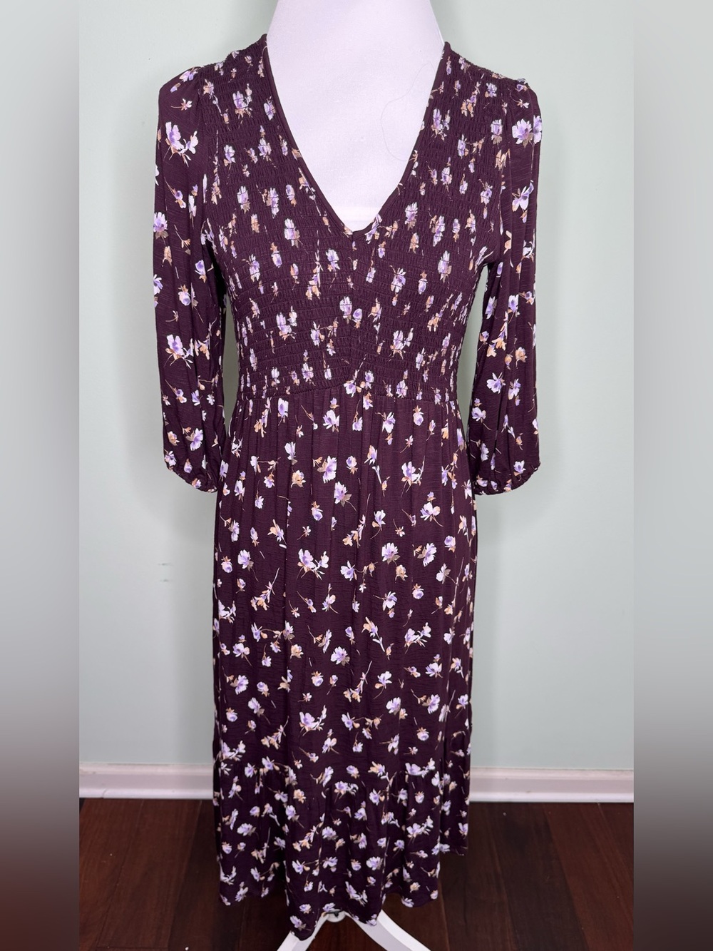 J.Jill Floral Midi Dress Women's Plum Purple Smocked V-Neck 3/4 Sleeve Size XS